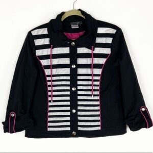 Nancy Bolen City Girl Cotton Quarter Sleeve Black White Stripe Moto Jacket
